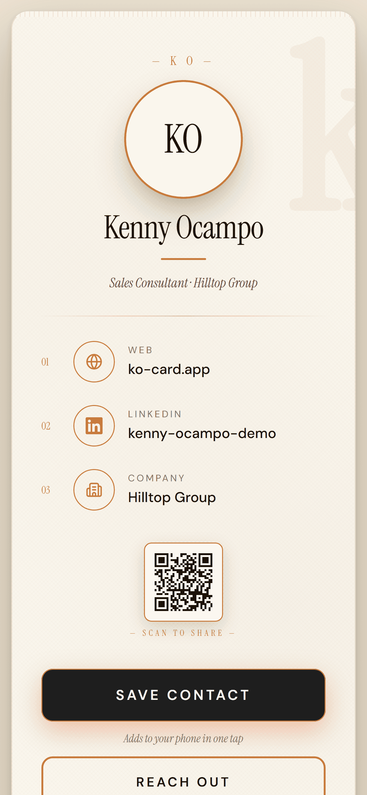 Sample KOCard profile rendered on an iPhone