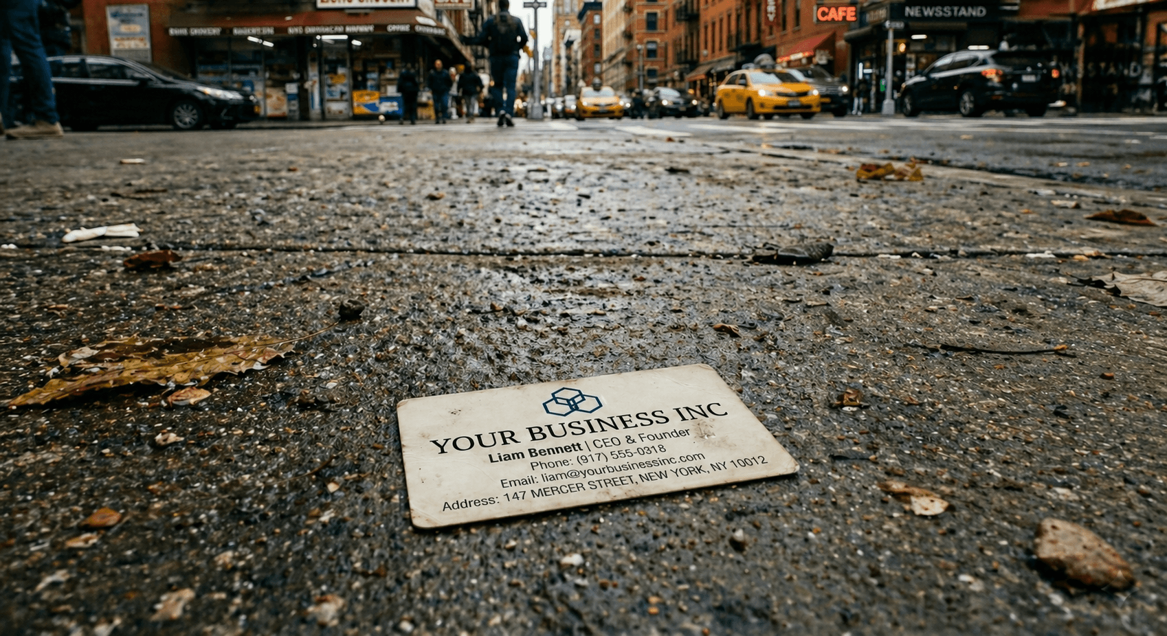 Paper business card dropped on the street